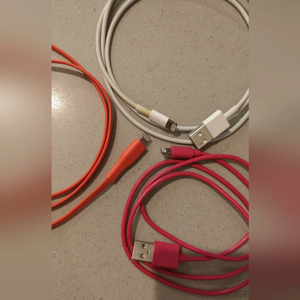 3 Apple Charger Cords Hot Pink, Orange Flat And White 3 Feet +